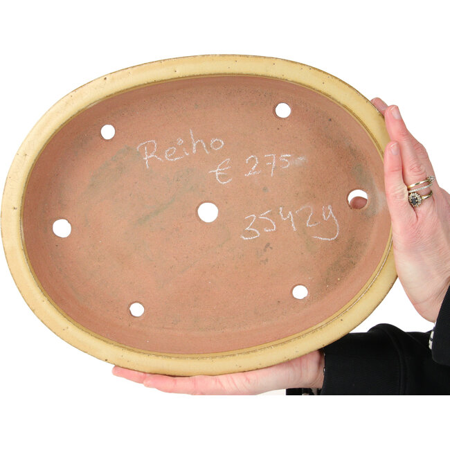Oval off-white bonsai pot by Seizan (Reihou, Kataoka Katsushi, master Seizan kiln) - 320 x 250 x 52 mm