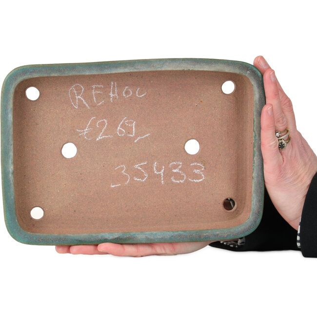 Rectangular teal bonsai pot by Seizan (Reihou, Kataoka Katsushi, master Seizan kiln) - 253 x 177 x 38 mm