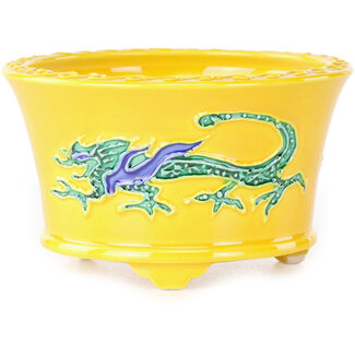 Tou Ai Pot à bonsaï rond de 80 mm, jaune, bleu et vert, par Tou Ai, Kyoto, Japon