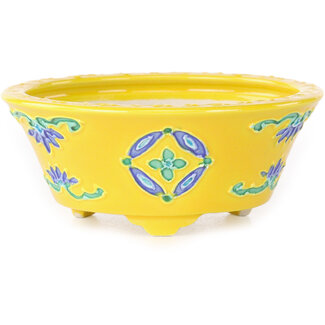Tou Ai Vaso bonsai rotondo da 75 mm giallo, blu e verde di Tou Ai, Kyoto, Giappone