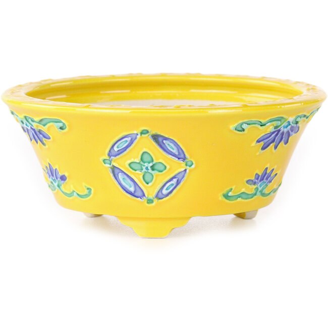 Round yellow, blue and green bonsai pot by Tou Ai - 75 x 75 x 35 mm