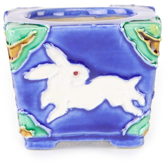 Tou Ai 40 mm square blue, green and brown bonsai pot by Tou Ai, Kyoto, Japan