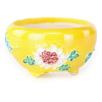 Tou Ai Pot à bonsaï rond de 30 mm, jaune, bleu, vert et rouge, par Tou Ai, Kyoto, Japon