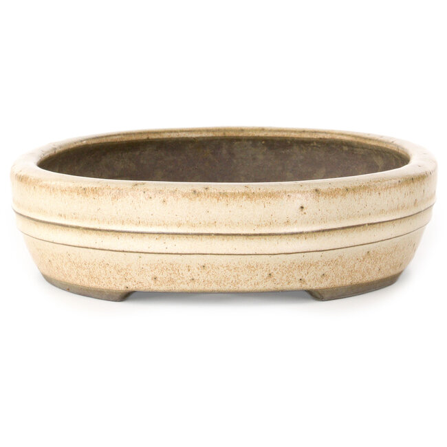 Oval beige, white and brown bonsai pot by Yamaaki - 310 x 242 x 65 mm