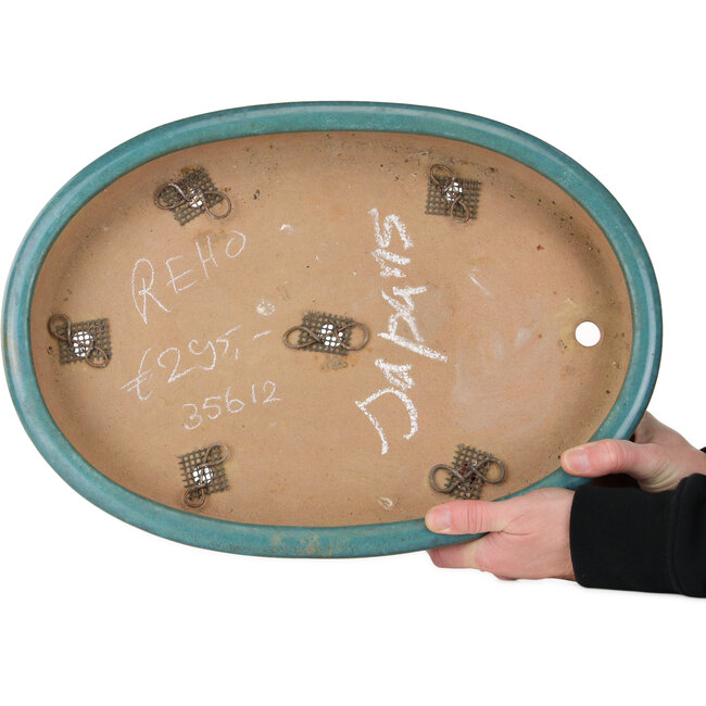 Oval teal bonsai pot by Seizan (Reihou, Kataoka Katsushi, master Seizan kiln) - 412 x 287 x 57 mm