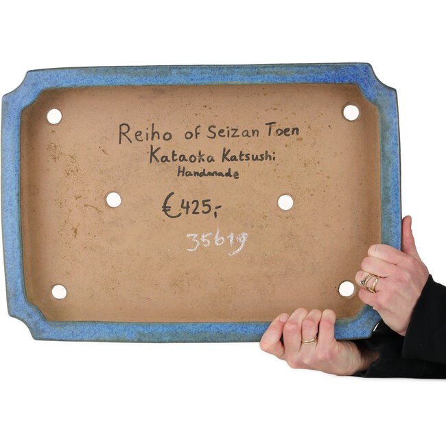 Maceta rectangular para bonsái azul de Seizan (Reihou, Kataoka Katsushi, maestro del horno Seizan) - 477 x 330 x 65 mm