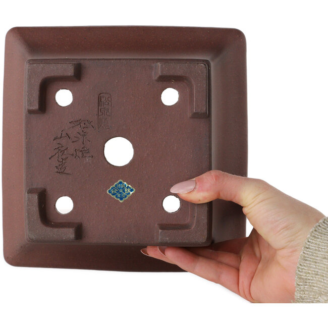 Vierkante, ongeglazuurde bonsaipot van Yamaaki Toshio (derde generatie) - 190 x 190 x 125 mm