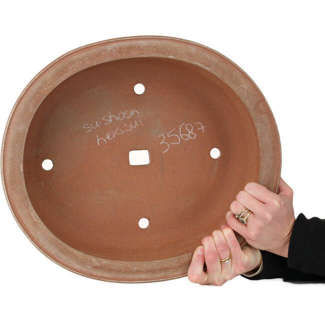 Oval unglazed bonsai pot by Suishoen Hekisui - 402 x 347 x 115 mm