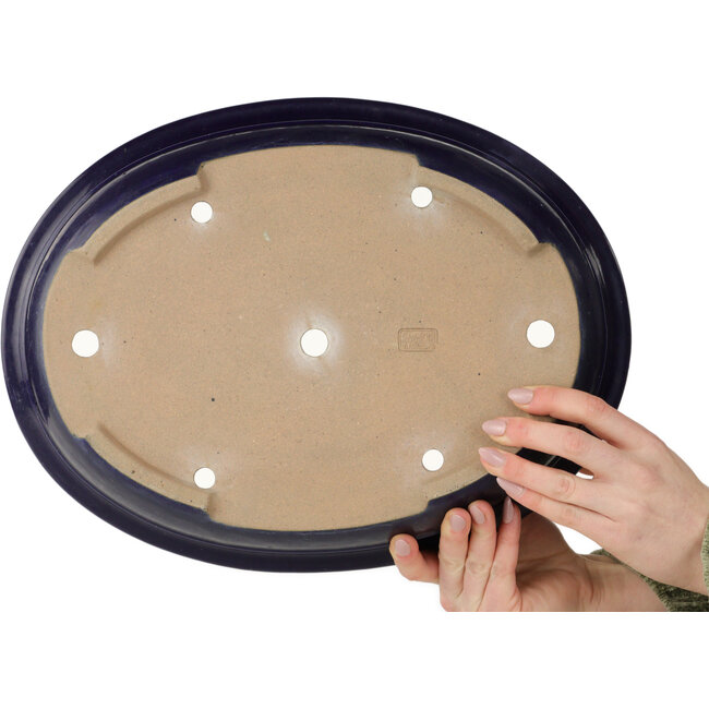 Oval dark blue bonsai pot by Seizan (Reihou, Kataoka Katsushi, master Seizan kiln) - 385 x 292 x 95 mm