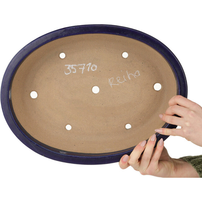 Pot à bonsaï ovale bleu foncé par Seizan (Reihou, Kataoka Katsushi, maître four Seizan) - 385 x 292 x 95 mm