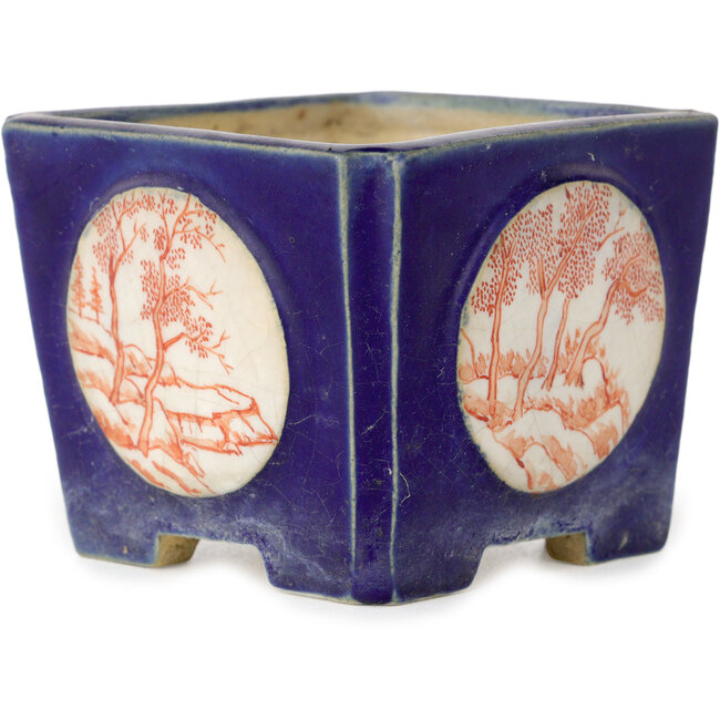 Pot à bonsaï carré bleu avec motif rouge et blanc - 70 x 70 x 53 mm