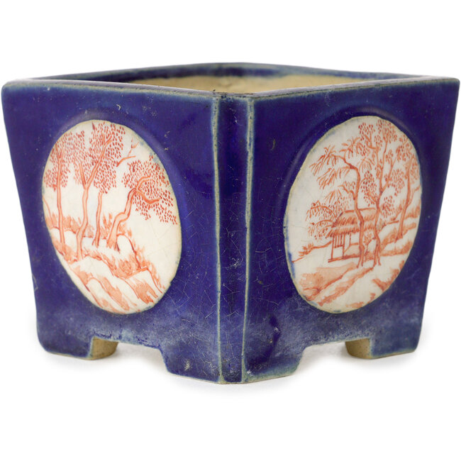 Square blue with red and white stamp bonsai pot - 70 x 70 x 53 mm