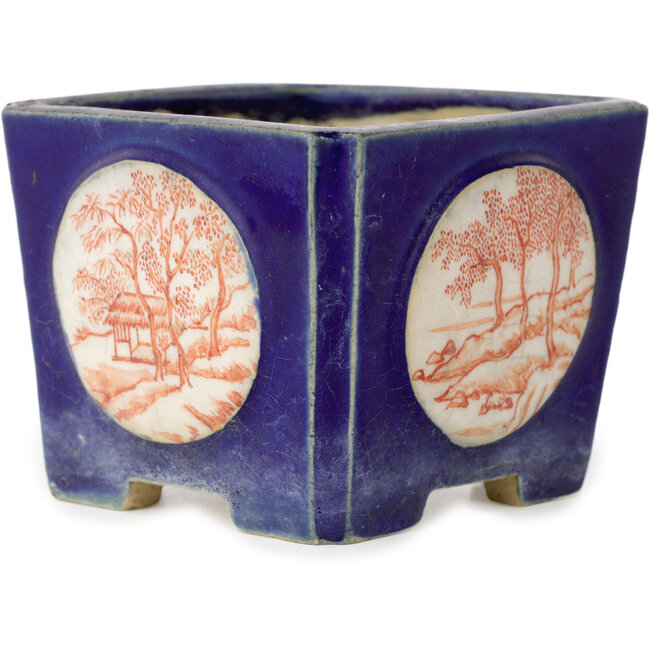 Maceta de bonsái cuadrada azul con sello rojo y blanco - 70 x 70 x 53 mm