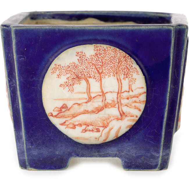 Maceta de bonsái cuadrada azul con sello rojo y blanco - 70 x 70 x 53 mm