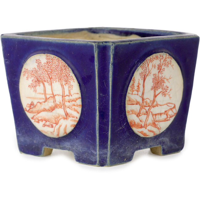 Square blue with red and white stamp bonsai pot - 70 x 70 x 53 mm