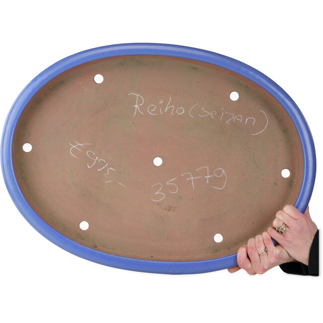 Ovale blauwe bonsaipot van Seizan (Reihou, Kataoka Katsushi, meester Seizan oven) - 632 x 465 x 73 mm