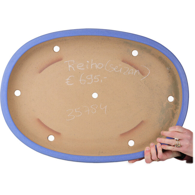 Oval blue bonsai pot by Seizan (Reihou, Kataoka Katsushi, master Seizan kiln) - 580 x 412 x 60 mm