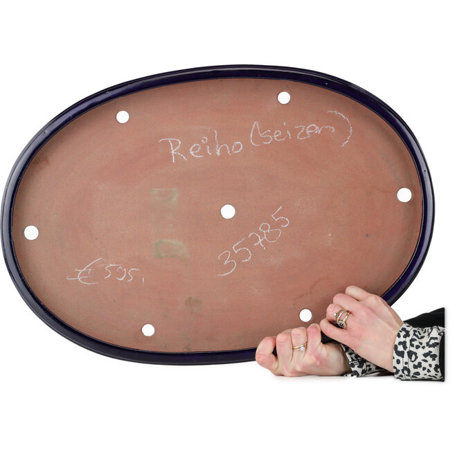 Ovale blauwe bonsaipot van Seizan (Reihou, Kataoka Katsushi, meester Seizan oven) - 555 x 390 x 47 mm