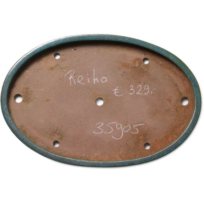 Maceta ovalada para bonsái verde azulado de Seizan (Reihou, Kataoka Katsushi, maestro del horno Seizan) - 400 x 270 x 35 mm