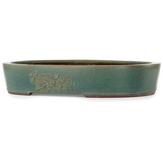 Pot ovale vert pour bonsaï par Yamaaki Toshio (troisième génération) - 405 x 323 x 78 mm