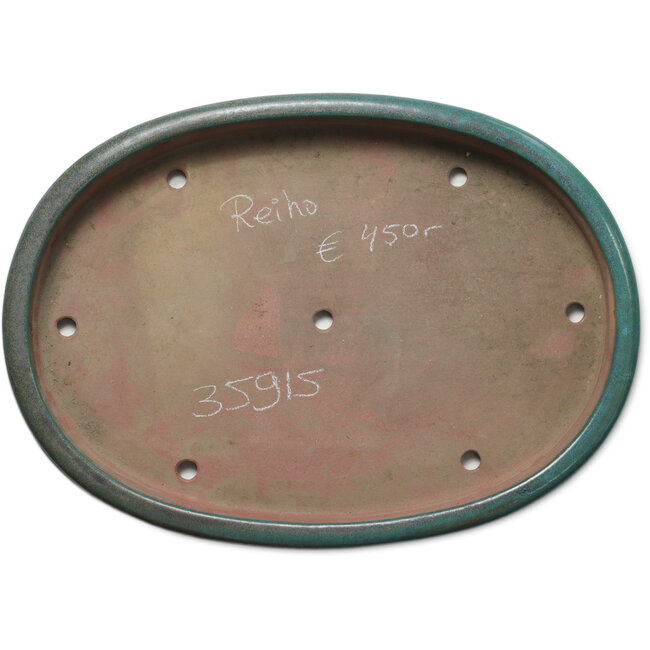 Ovale blauwgroen bonsaipot van Seizan (Reihou, Kataoka Katsushi, meester Seizan oven) - 510 x 365 x 55 mm