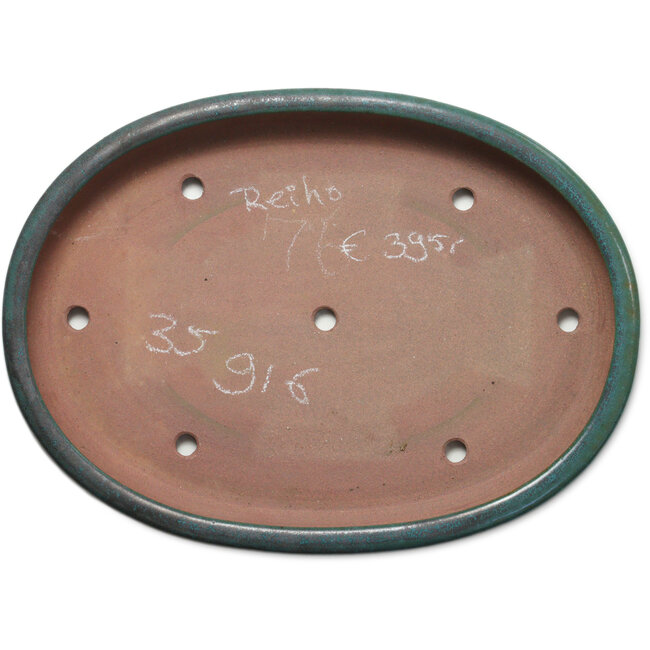 Oval teal bonsai pot by Seizan (Reihou, Kataoka Katsushi, master Seizan kiln) - 455 x 330 x 53 mm
