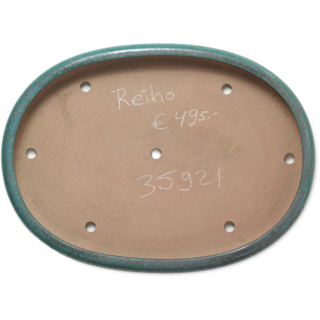 Ovale blaugrüne Bonsaischale von Seizan (Reihou, Kataoka Katsushi, Meister Seizan-Ofen) – 480 x 355 x 57 mm