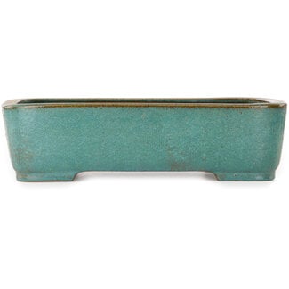 Seizan (Reihou, Kataoka Katsushi, master Seizan kiln) 413 mm rechthoekige blauwgroen bonsaipot van Seizan (Reihou, Kataoka Katsushi, meester Seizan oven), Tokoname, Japan