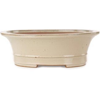 Seizan (Reihou, Kataoka Katsushi, master Seizan kiln) 408 mm ovale gebroken witte bonsaipot van Seizan (Reihou, Kataoka Katsushi, meester Seizan oven), Tokoname, Japan