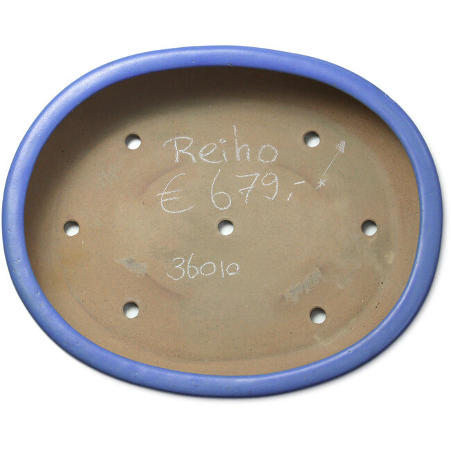Oval blue bonsai pot by Seizan (Reihou, Kataoka Katsushi, master Seizan kiln) - 500 x 410 x 110 mm