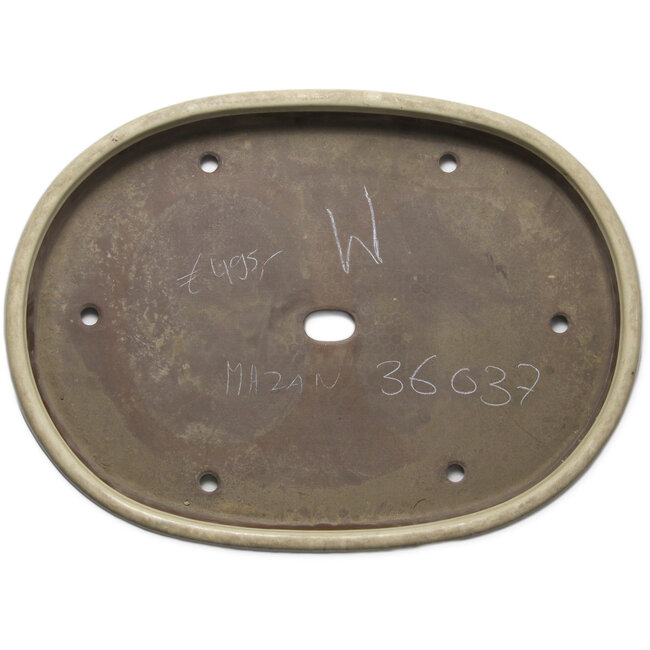 Oval beige bonsai pot by Terahata Satomi Mazan - 630 x 465 x 65 mm