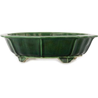  Satomi Mazan, Mazan Terahata 435 mm lotus green craquelé bonsai pot by Terahata Satomi Mazan, Tokoname, Japan