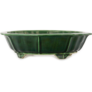  Satomi Mazan, Mazan Terahata Vaso bonsai craquelé verde loto da 435 mm di Terahata Satomi Mazan, Tokoname, Giappone