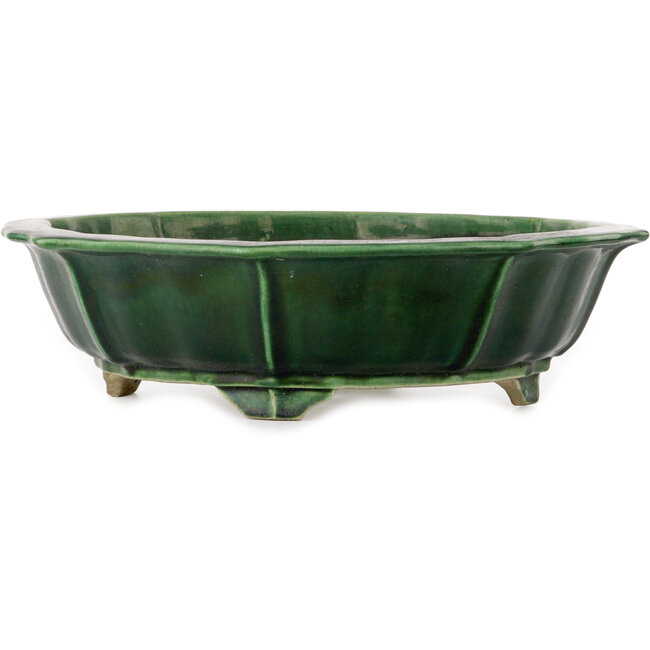 Lotus green craquelé bonsai pot by Terahata Satomi Mazan - 435 x 435 x 113 mm