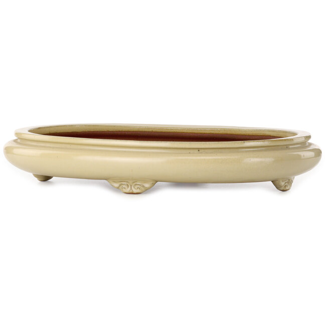 Oval beige bonsai pot by Seizan (Reihou, Kataoka Katsushi, master Seizan kiln) - 565 x 395 x 90 mm