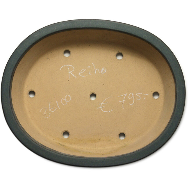 Oval green bonsai pot by Seizan (Reihou, Kataoka Katsushi, master Seizan kiln) - 495 x 398 x 120 mm