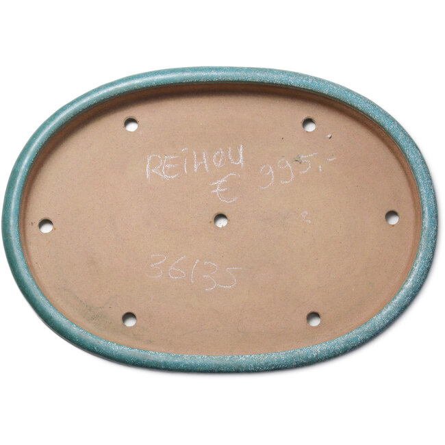 Oval green bonsai pot by Seizan (Reihou, Kataoka Katsushi, master Seizan kiln) - 580 x 410 x 65 mm