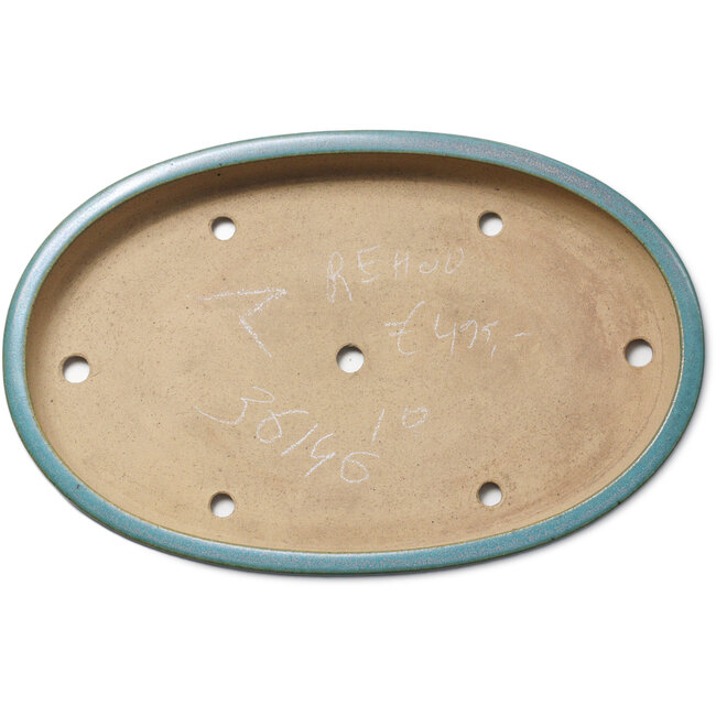 Oval green bonsai pot by Seizan (Reihou, Kataoka Katsushi, master Seizan kiln) - 465 x 300 x 55 mm
