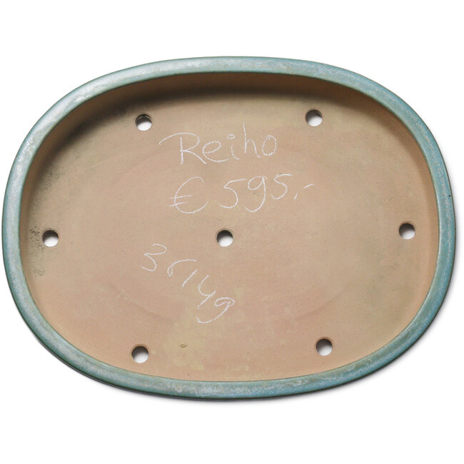 Oval green bonsai pot by Seizan (Reihou, Kataoka Katsushi, master Seizan kiln) - 500 x 388 x 75 mm
