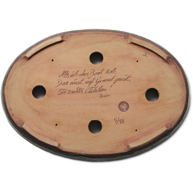 Oval green bonsai pot by Peter Krebs - 465 x 325 x 64 mm