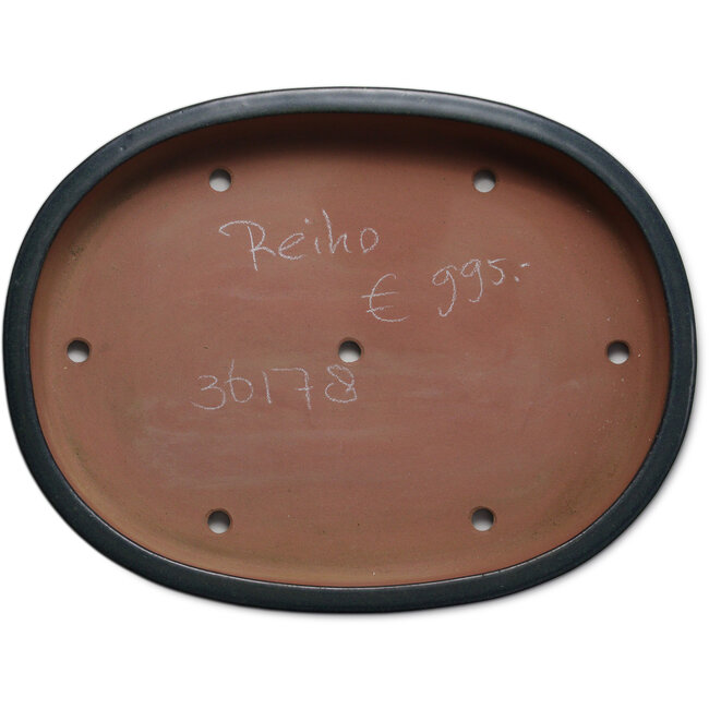 Oval green bonsai pot by Seizan (Reihou, Kataoka Katsushi, master Seizan kiln) - 575 x 435 x 84 mm