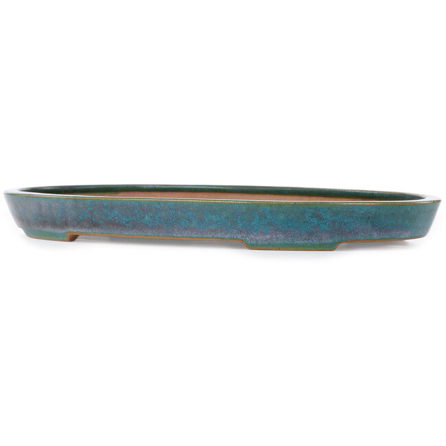 Ovale lichtblauw tot turquoise bonsaipot van Seizan (Reihou, Kataoka Katsushi, meester Seizan oven) - 490 x 315 x 45 mm