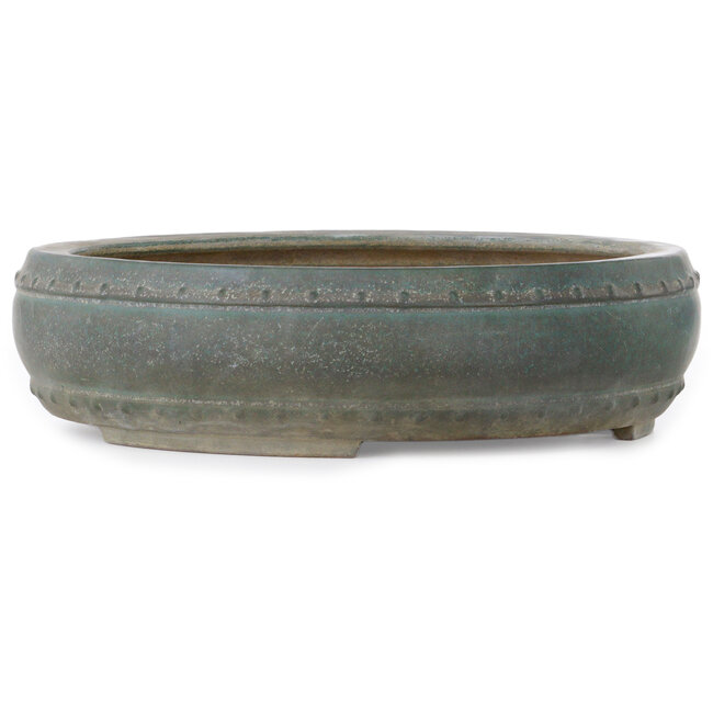 Ronde turkooiskleurige bonsaipot van Seizan (Reihou, Kataoka Katsushi, meester Seizan oven) - 350 x 350 x 95 mm