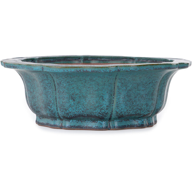 Vaso bonsai turchese a forma di loto di Seizan (Reihou, Kataoka Katsushi, forno del maestro Seizan) - 370 x 370 x 125 mm