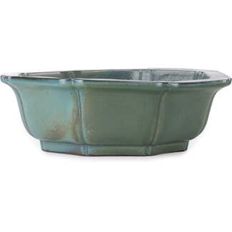  Kakuzan 445 mm lotusvormige bonsaipot in groene tot turquoise kleur van Kakuzan, Tokoname, Japan