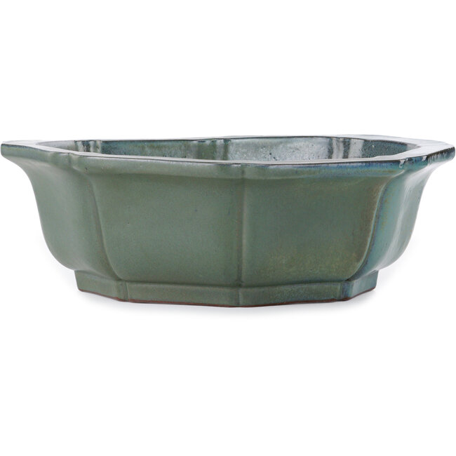 Lotus-shaped green to turquoise  bonsai pot by Kakuzan - 445 x 445 x 135 mm