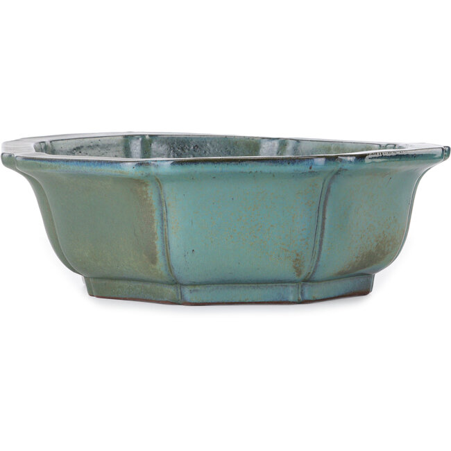 Lotus-shaped green to turquoise  bonsai pot by Kakuzan - 445 x 445 x 135 mm