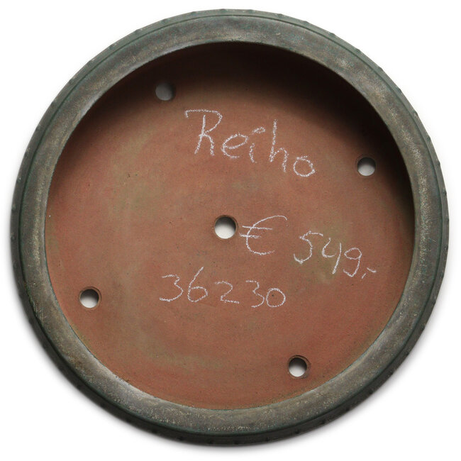 Ronde turkooiskleurige bonsaipot van Seizan (Reihou, Kataoka Katsushi, meester Seizan oven) - 350 x 350 x 95 mm