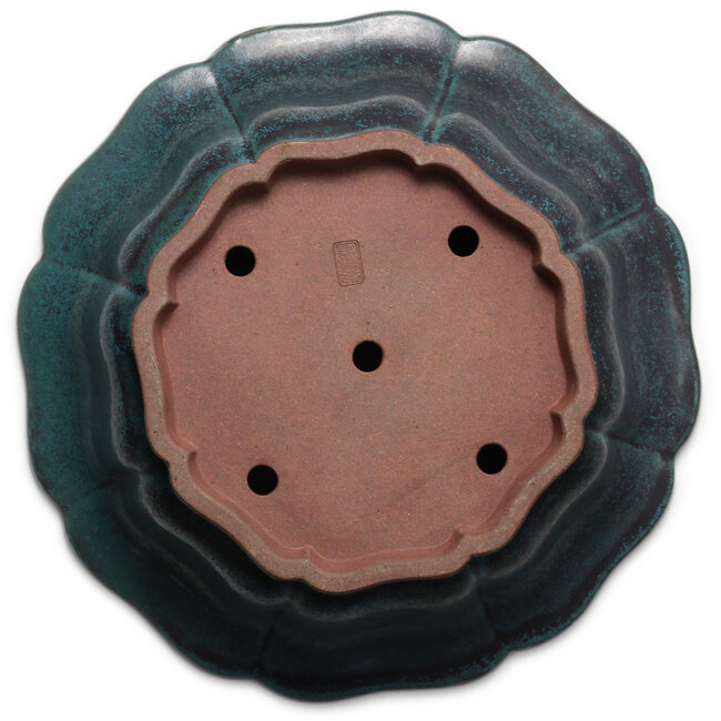 Pot à bonsaï turquoise en forme de lotus par Seizan (Reihou, Kataoka Katsushi, maître four Seizan) - 370 x 370 x 125 mm