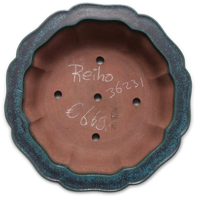 Lotusvormige turquoise bonsaipot van Seizan (Reihou, Kataoka Katsushi, meester Seizan oven) - 370 x 370 x 125 mm